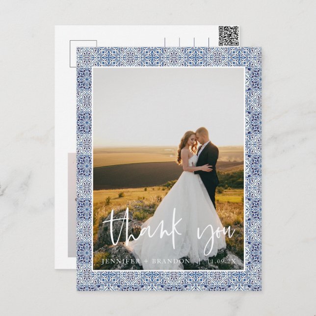 Blue tiles Thank you | Wedding Photo Postcard (Front/Back)