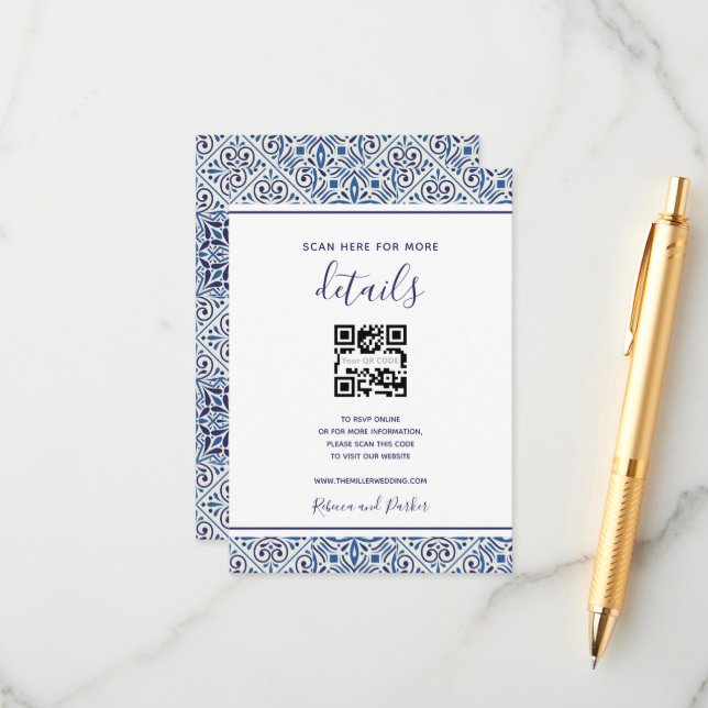 Blue tiles wedding details QR code insert card (Front/Back In Situ)