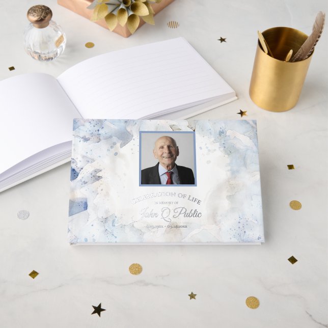 Blue Tint Carnations Celebration of Life Memorial Guest Book (Front Open)