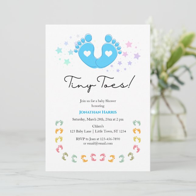 Blue Tiny Toes Baby Shower Invitation (Standing Front)