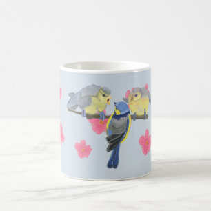 Blue-Tit, and chicks amongst pink Cherry Blossom Coffee Mug