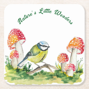 Blue Tit and Fly Agaric in a Forest Clearing Square Paper Coaster