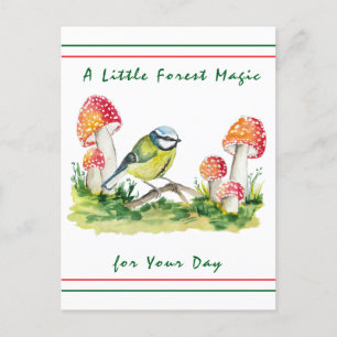 Blue Tit and Fly Agaric Watercolor Holiday Postcard