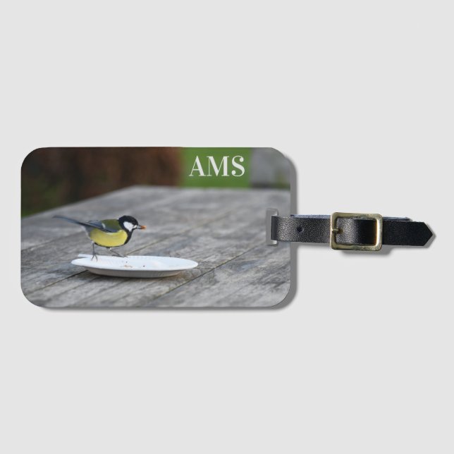 Blue Tit Bird Feeding Personalised Initials Luggage Tag (Front Horizontal)