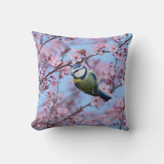Blue Tit Bird in Pink Japanese Cherry Blossoms  Cushion (Front)