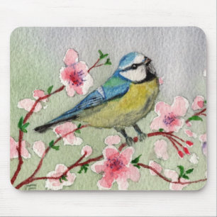 Blue Tit Bird On Cherry Blossom Tree Mouse Mat