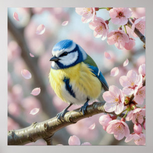  Blue Tit Bird on Cherry Blossom Tree Poster