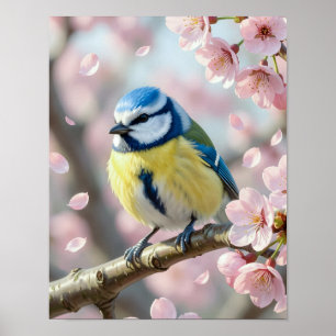 Blue Tit Bird on Cherry Blossom Tree Spring Poster
