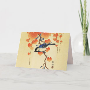 Blue Tit Bird,Paulownia Branch,Red Autumn Leaves  Card