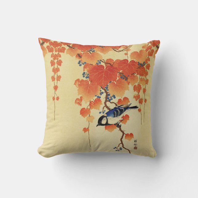 Blue Tit Bird,Paulownia Branch,Red Autumn Leaves  Cushion (Front)