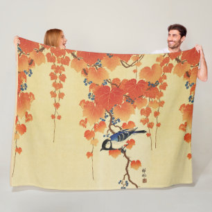 Blue Tit Bird,Paulownia Branch,Red Autumn Leaves  Fleece Blanket