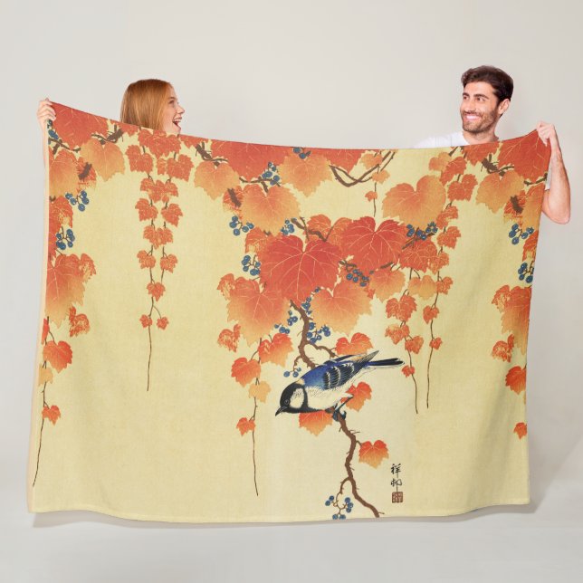 Blue Tit Bird,Paulownia Branch,Red Autumn Leaves  Fleece Blanket (In Situ)