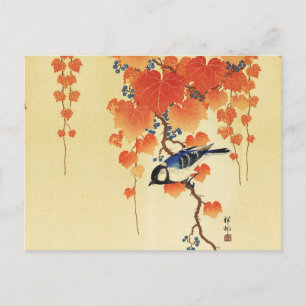 Blue Tit Bird,Paulownia Branch,Red Autumn Leaves  Holiday Postcard