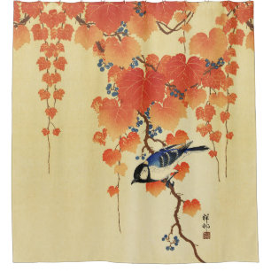 Blue Tit Bird,Paulownia Branch,Red Autumn Leaves  Shower Curtain