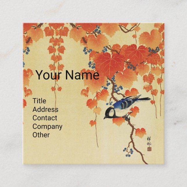Blue Tit Bird,Paulownia Branch,Red Autumn Leaves  Square Business Card (Front)