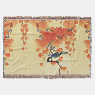 Blue Tit Bird,Paulownia Branch,Red Autumn Leaves  Throw Blanket
