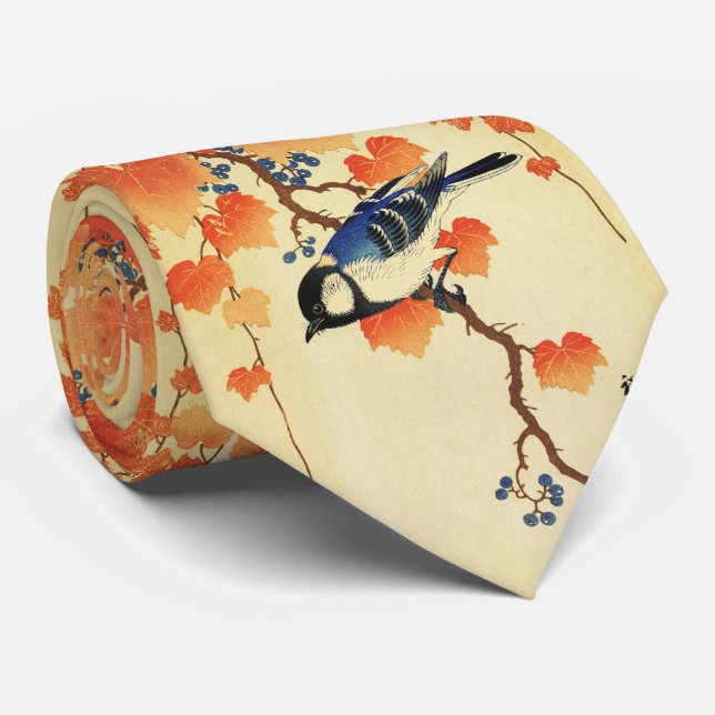 Blue Tit Bird,Paulownia Branch,Red Autumn Leaves  Tie (Rolled)