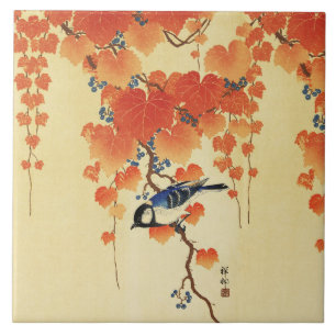 Blue Tit Bird,Paulownia Branch,Red Autumn Leaves  Tile