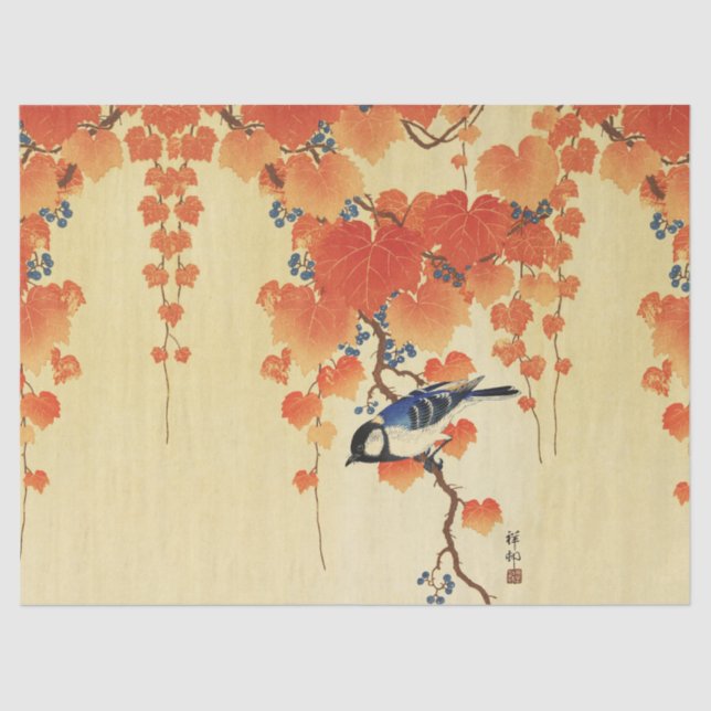 Blue Tit Bird,Paulownia Branch,Red Autumn Leaves  Tissue Paper (Front)