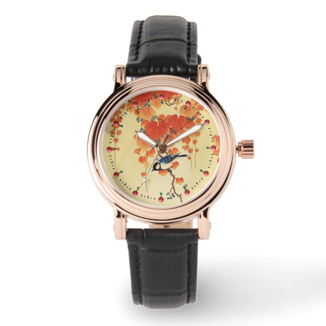 Blue Tit Bird,Paulownia Branch,Red Autumn Leaves  Watch (Front)