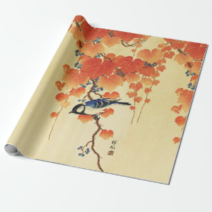 Blue Tit Bird,Paulownia Branch,Red Autumn Leaves  Wrapping Paper