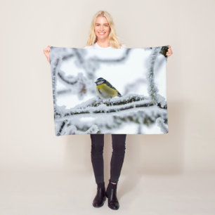 Blue Tit Bird Perched on Snowy Branch Fleece Blanket