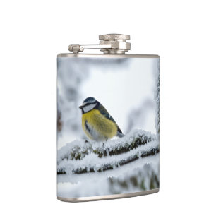 Blue Tit Bird Perched on Snowy Branch Hip Flask