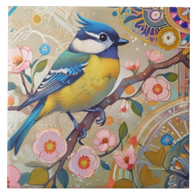 Blue Tit Bird with tuft Pink Floral Spring Flowers Tile (Front)