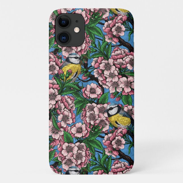 Blue tit birds in the blooming cherry tree on blue Case-Mate iPhone case (Back)
