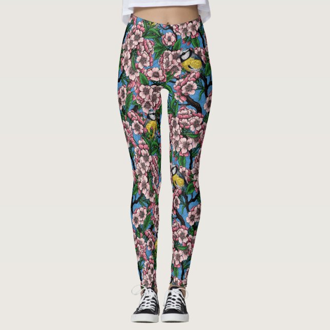 Blue tit birds in the blooming cherry tree on blue leggings (Front)