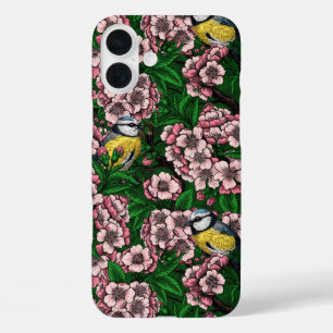 Blue tit birds in the blooming cherry tree on gree iPhone 16 plus case
