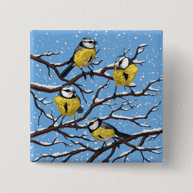 Blue tit birds in winter 15 cm square badge (Front)