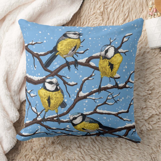 Blue tit birds in winter cushion (Blanket)