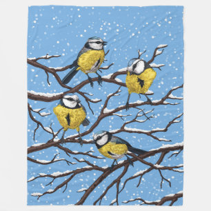 Blue tit birds in winter fleece blanket
