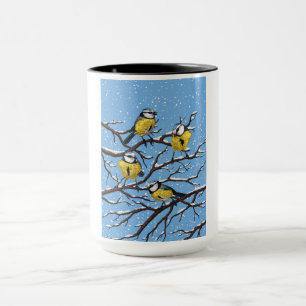 Blue tit birds in winter mug