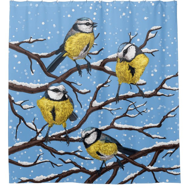 Blue tit birds in winter shower curtain (Front)