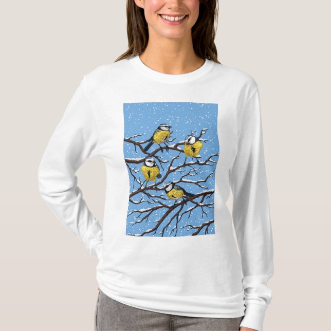 Blue tit birds in winter T-Shirt (Front)