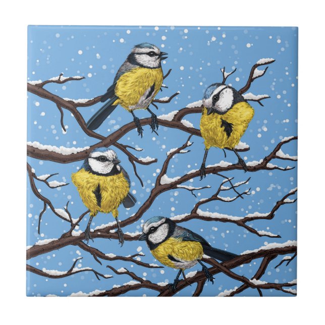 Blue tit birds in winter tile (Front)