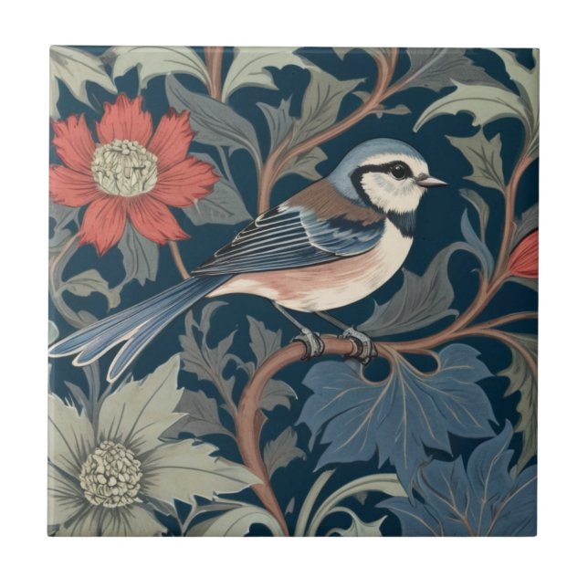 Blue Tit William Morris style Right facing Bird Tile (Front)