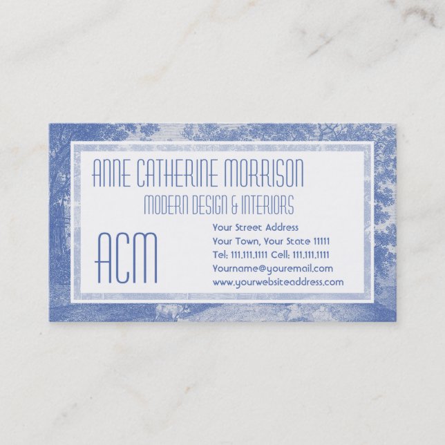 Blue Toil de Jouy French Country Shabby Elegance Business Card (Front)