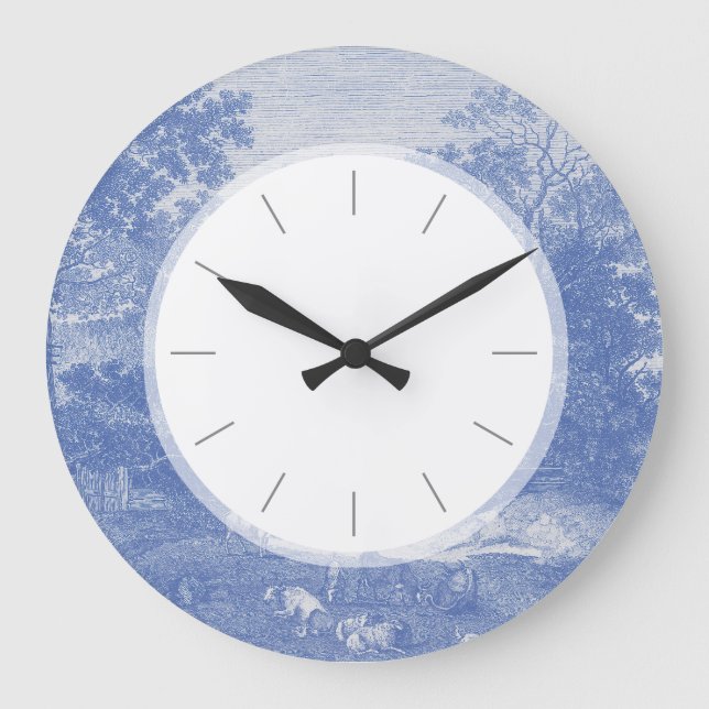 Blue Toil de Jouy French Country Shabby Elegance Large Clock (Front)
