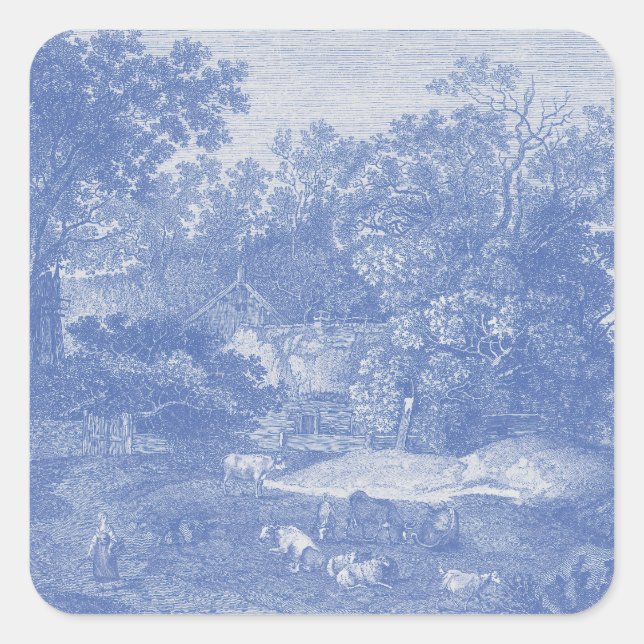 Blue Toil de Jouy French Country Shabby Elegance Square Sticker (Front)