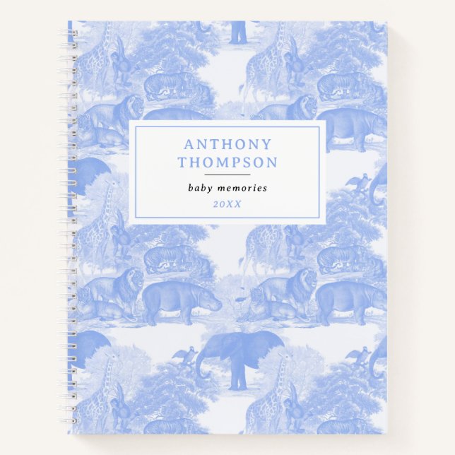 Blue Toile Animals Safari Chinoiserie Baby Boy Notebook (Front)