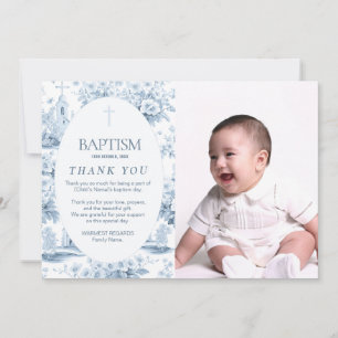 Blue Toile Baptism Thank You Card, Photo Design Invitation