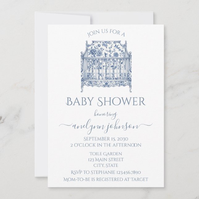 Blue Toile Bassinet Baby Shower  Invitation (Front)