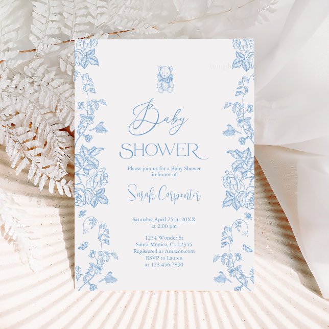 Blue Toile Bear Baby Shower Boy Invitation (Creator Uploaded)