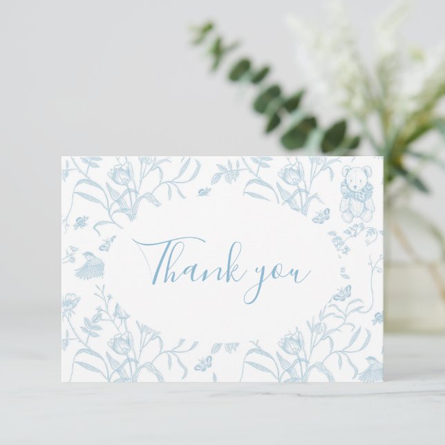 Blue Toile Bear Baby Shower Boy Thank You Card (Standing Front)