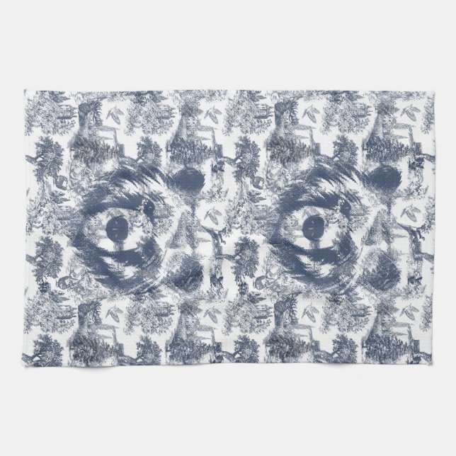 Blue Toile Bear - Wildlife at Home Tea Towel (Horizontal)