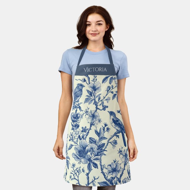 Blue Toile Birds Personalised Shabby Chic Apron (Worn)