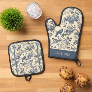 Blue Toile Birds Personalized Shabby Chic Oven Mitt & Pot Holder Set